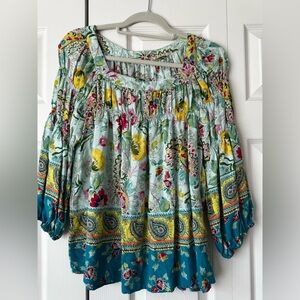 Figueroa & Flower Boho Floral Peasant Top Size Large Multicolor